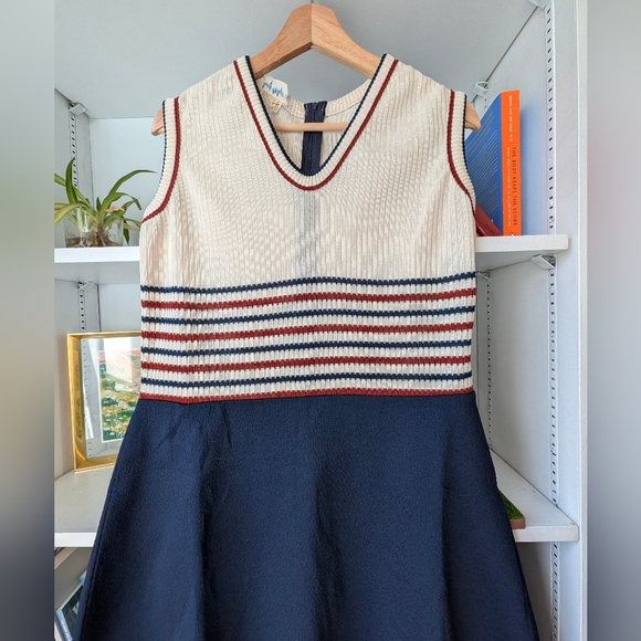 Vintage Judy Wayne Women's Tennis Dress V Neck Cream Striped Red Blue Size Large - Picture 2 of 5